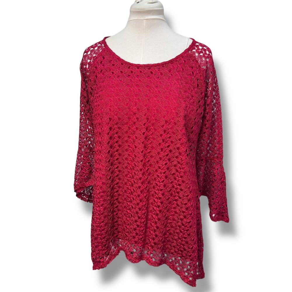 New Directions Women’s Tunic Top Red Lace Lined 3/4 Bell Sleeve Crochet Blouse L